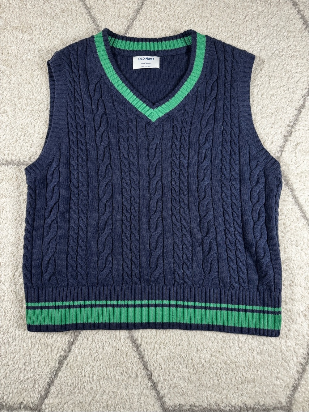 Old Navy Men’s Navy Cable-Knit V-Neck Sweater Vest with Green Trim